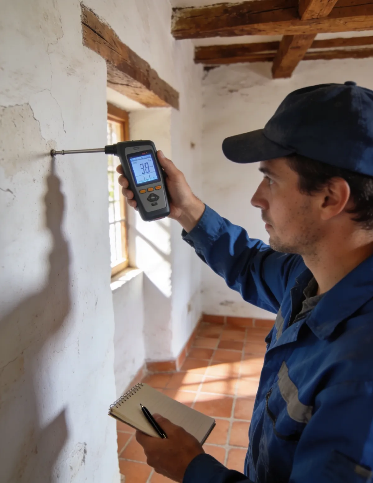 Técnico HUMIX midiendo la humedad de un muro antiguo en Valdepeñas
